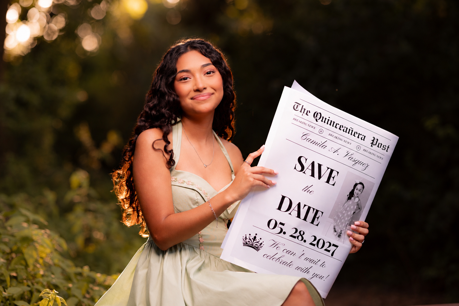 Camila holding her Save the Date newspaper
